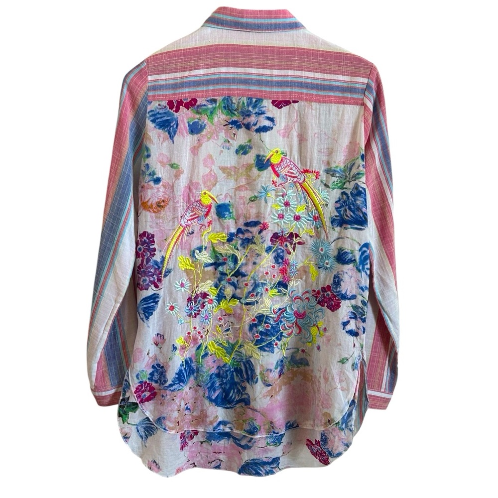 Aratta Silent Journey Cyrena Embroidered Floral Bird Button Down Shirt Anthro SM